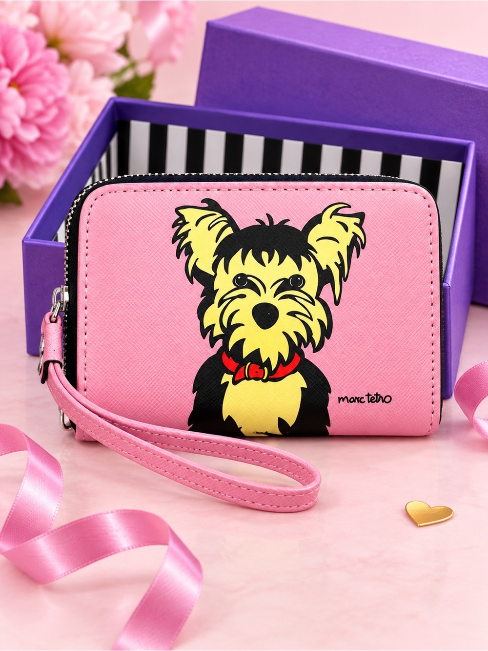 Marc Tetro Yorkie Pink Wallet - Wristlet with Striped Lining NEW Gift BOX
